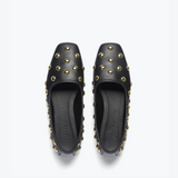 Jessie Ballet Flats - Black Calf with Gold Studs