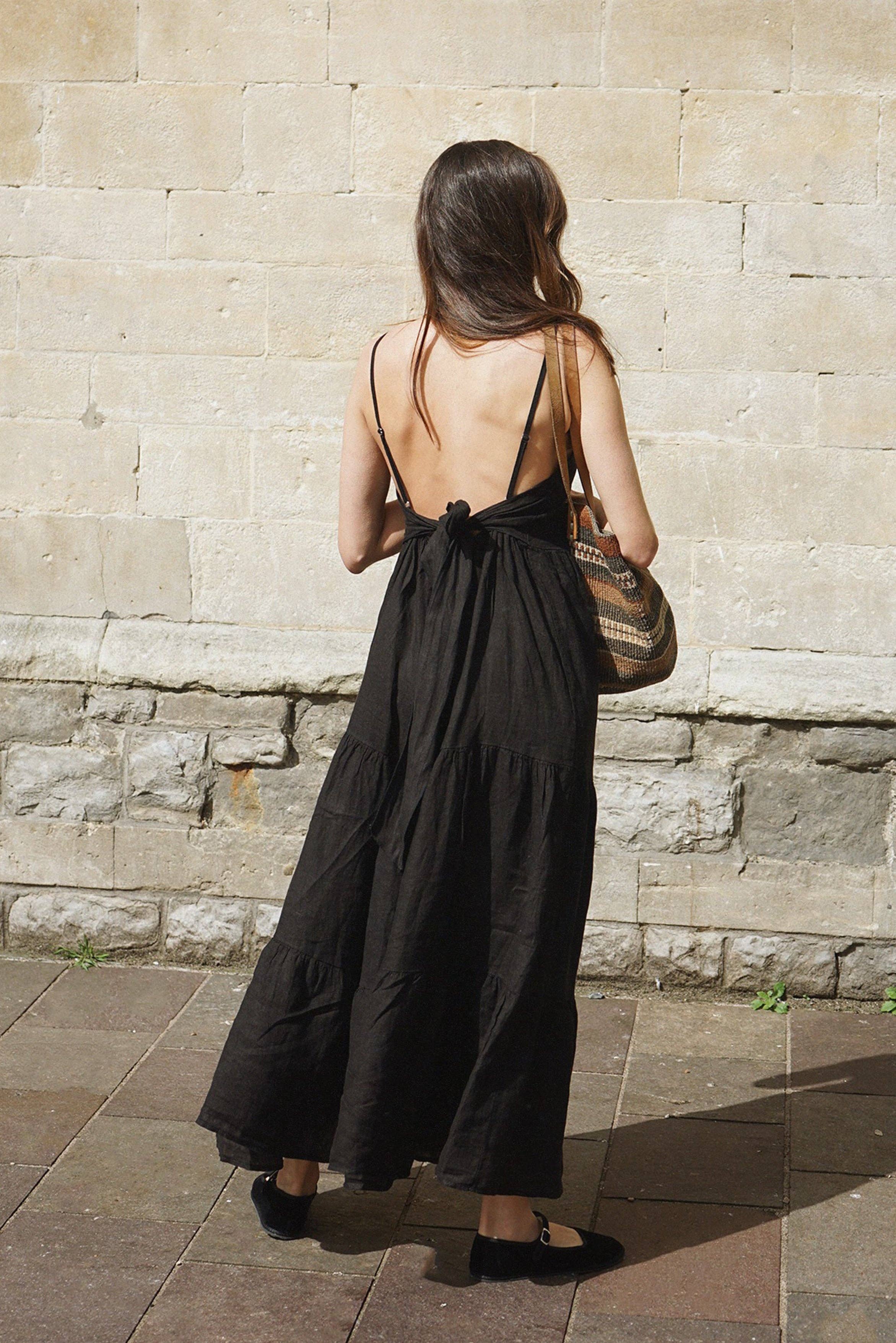 Back of black tiered dress