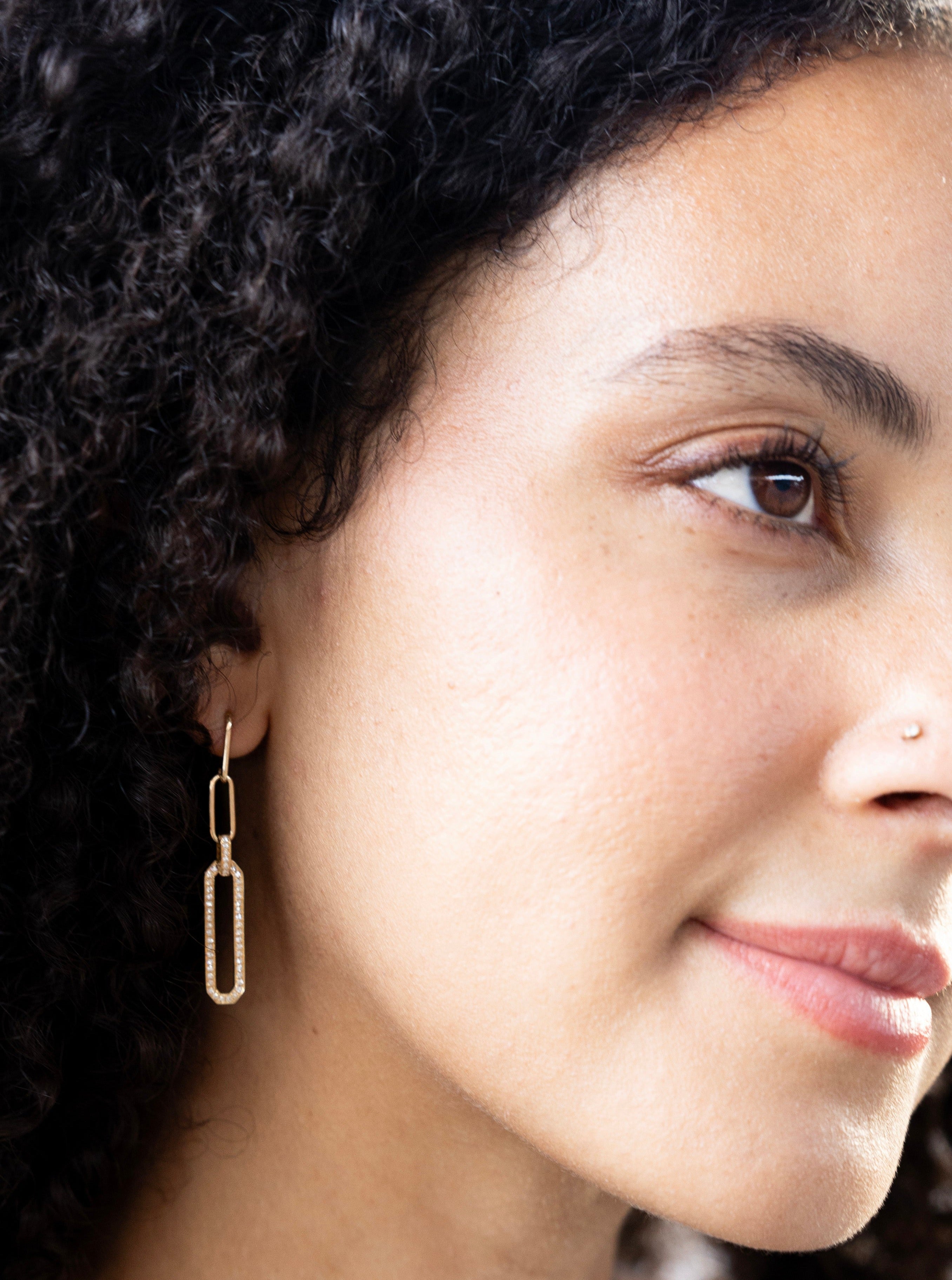 Close up of 14K Diamond Encrusted Paperclip Link Earrings