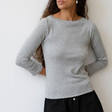 The Baby Rib Boat Neck - Heather Grey on model