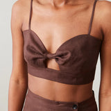 Side angle view of Carla Bralette - Chocolate Linen