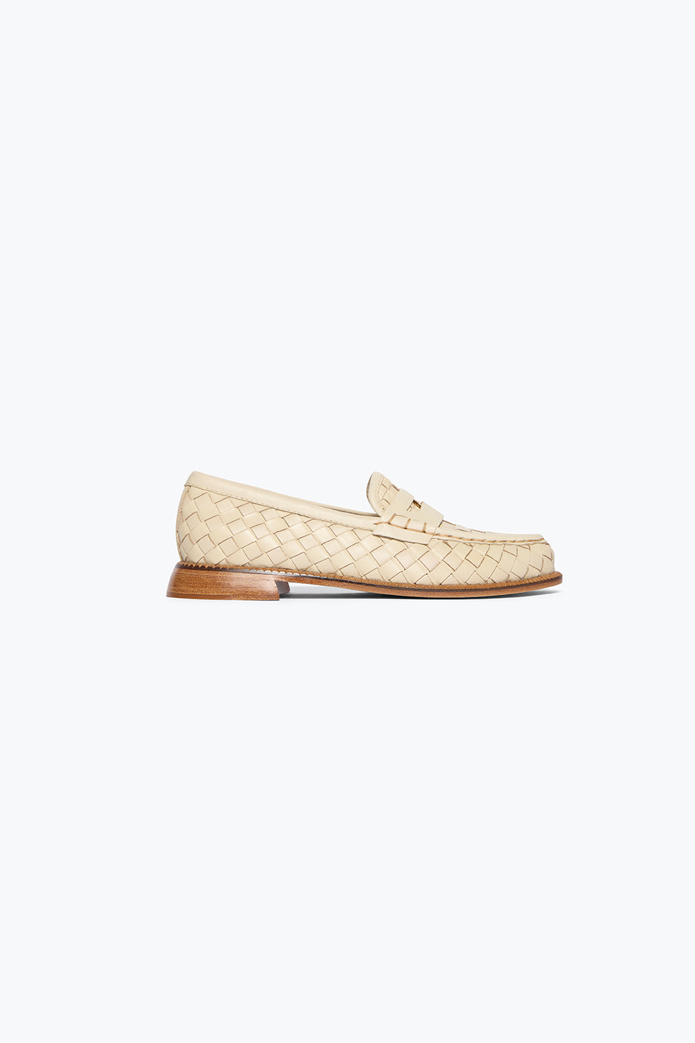 Elba Penny Loafer - Vanilla Woven Calf with Hardware side profile view