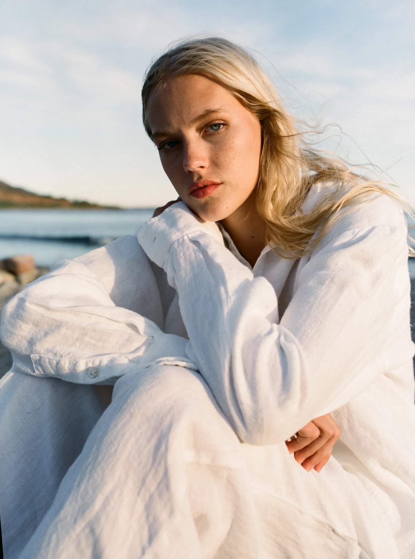 close up sleeve view of Cecile Oversized Linen Shirt - White