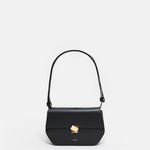 A black leather shoulder bag with a metal buckle, an adjustable strap, and the CLOSED logo embossed on the front.