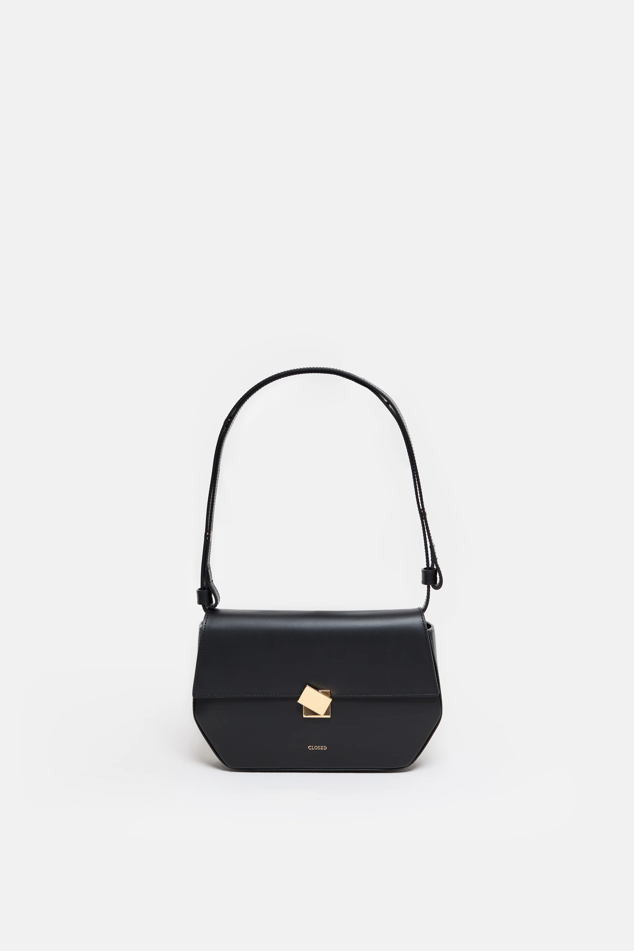 A black leather shoulder bag with a metal buckle, an adjustable strap, and the CLOSED logo embossed on the front.