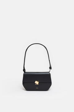 A black leather shoulder bag with a metal buckle, an adjustable strap, and the CLOSED logo embossed on the front.