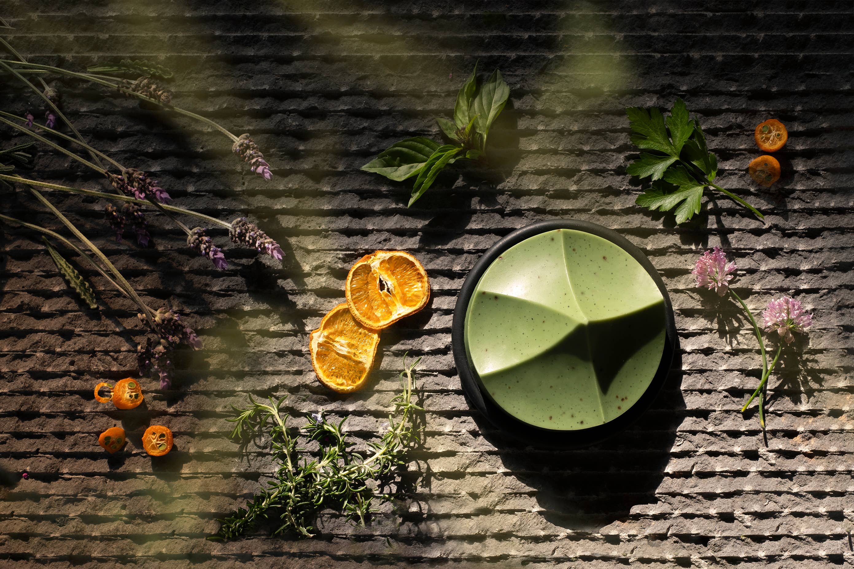 Erode Soap - Herbes de Provence pictured with foliage