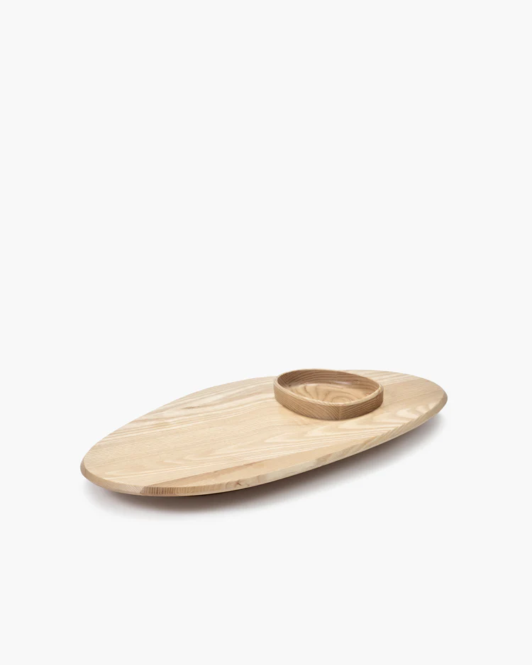 Wooden serving tray with a bowl on a white background