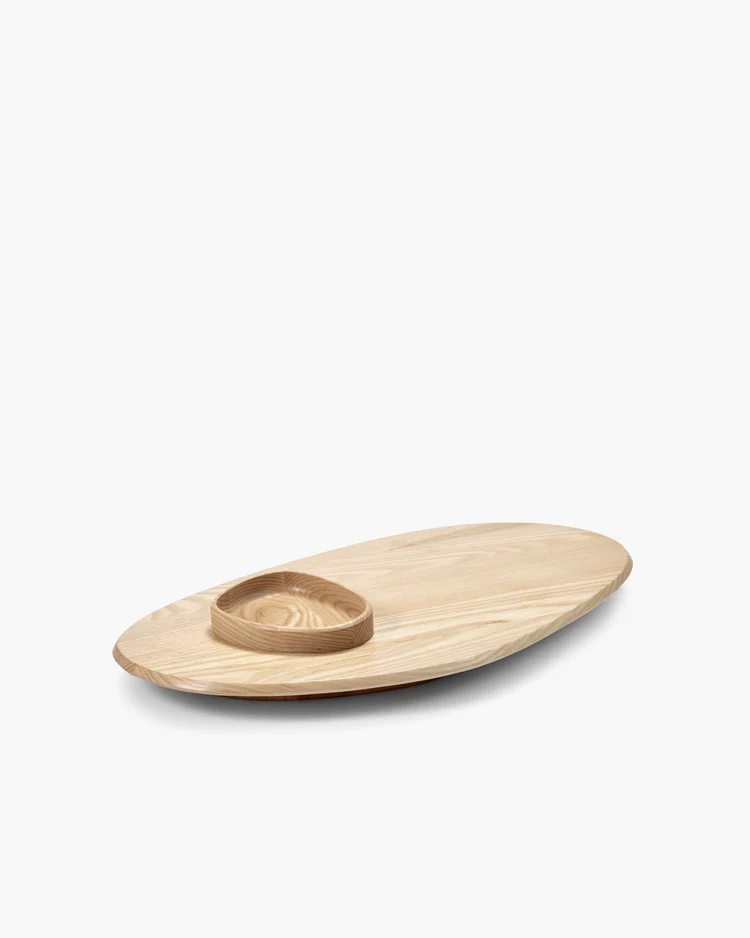 Wooden serving tray with a smaller bowl on a white background