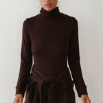 The Baby Rib Turtleneck - Espresso on model