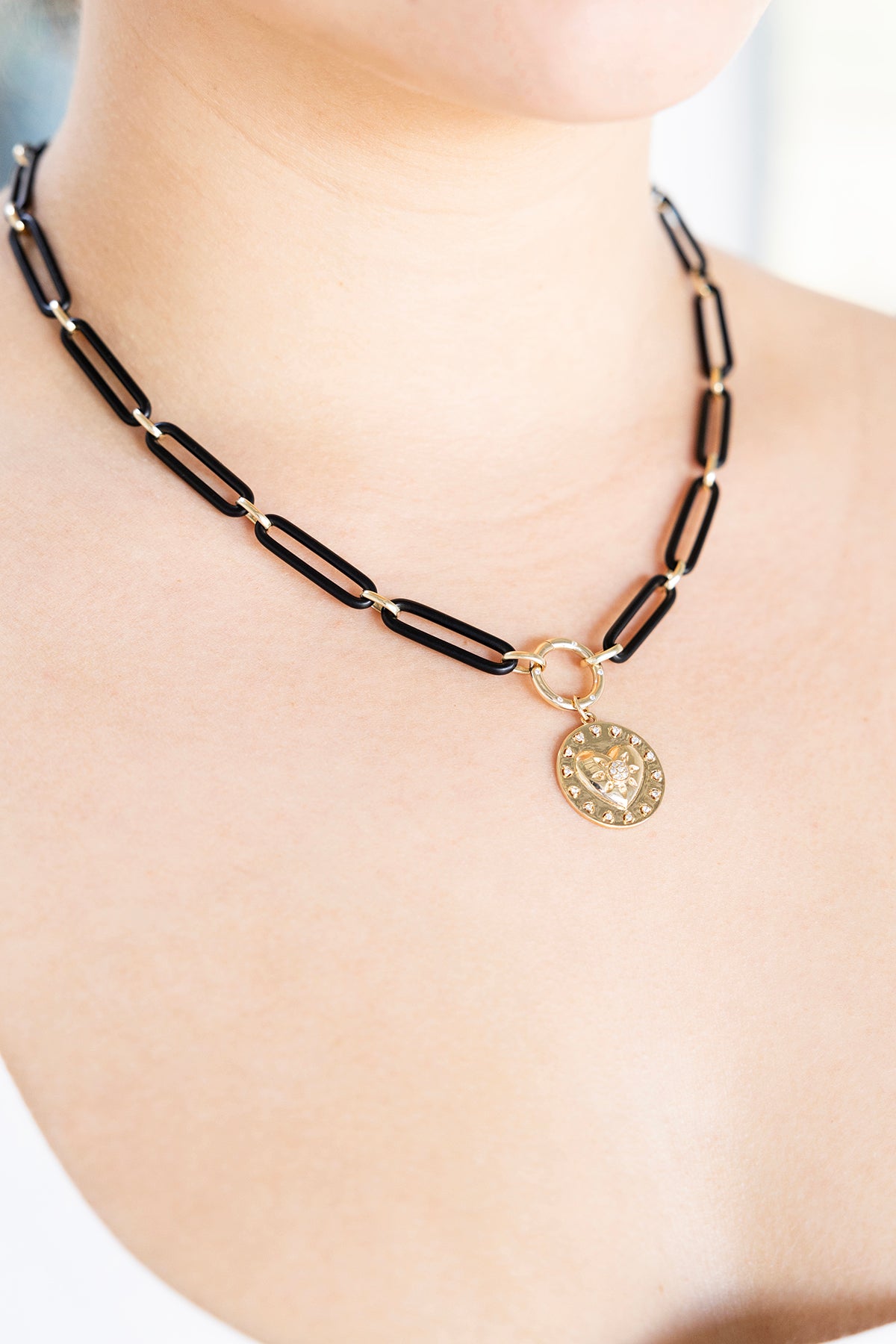 14K Diamond Heart Medallion on model