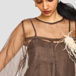 MIRTH Organza Field Top in Cocoa — worn, close detail of the sheer organza