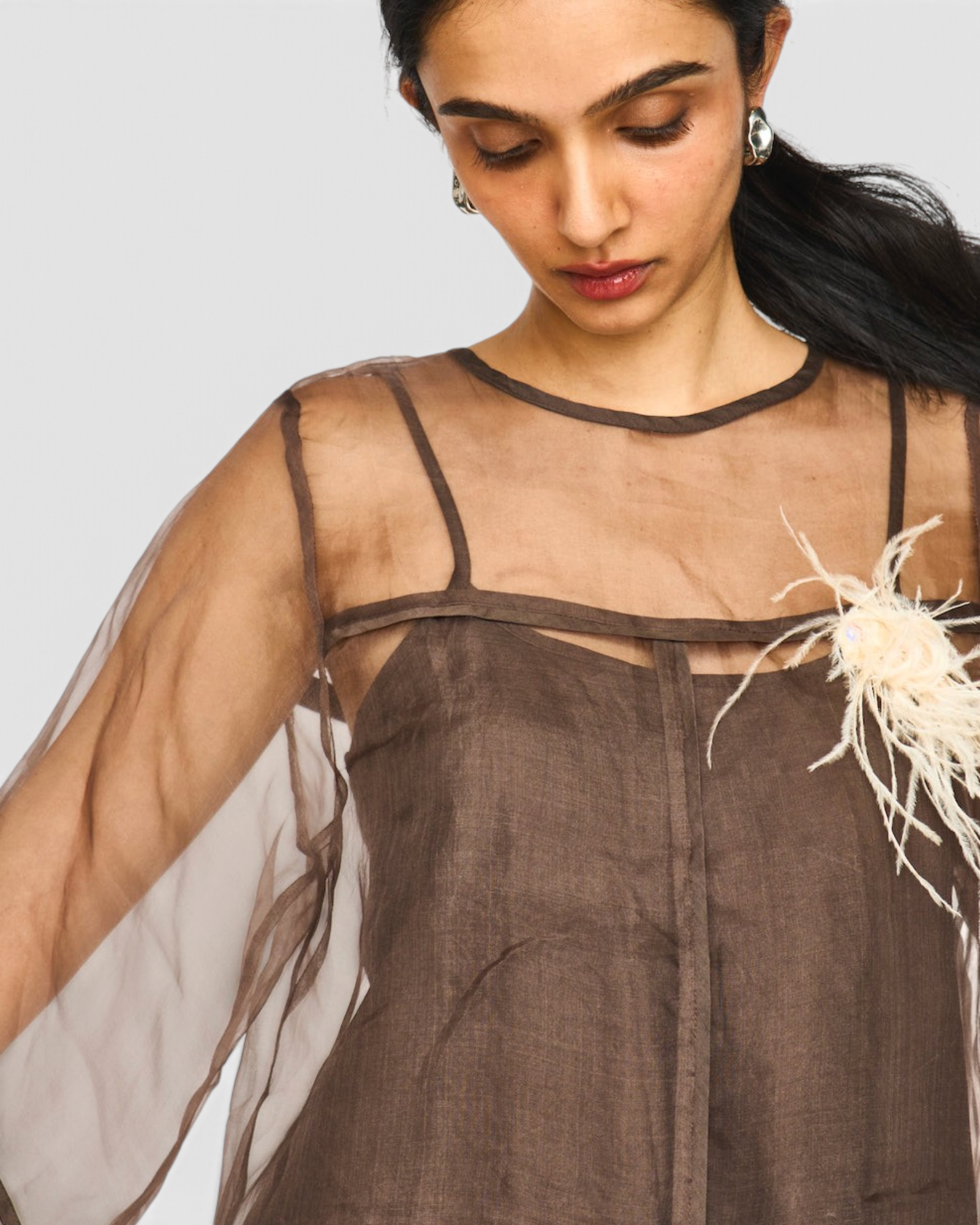 MIRTH Organza Field Top in Cocoa — worn, close detail of the sheer organza