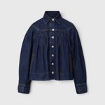Merlette Easton Jacket in Dark Wash - flat product shot showing the A-line silhouette and yoke pleats