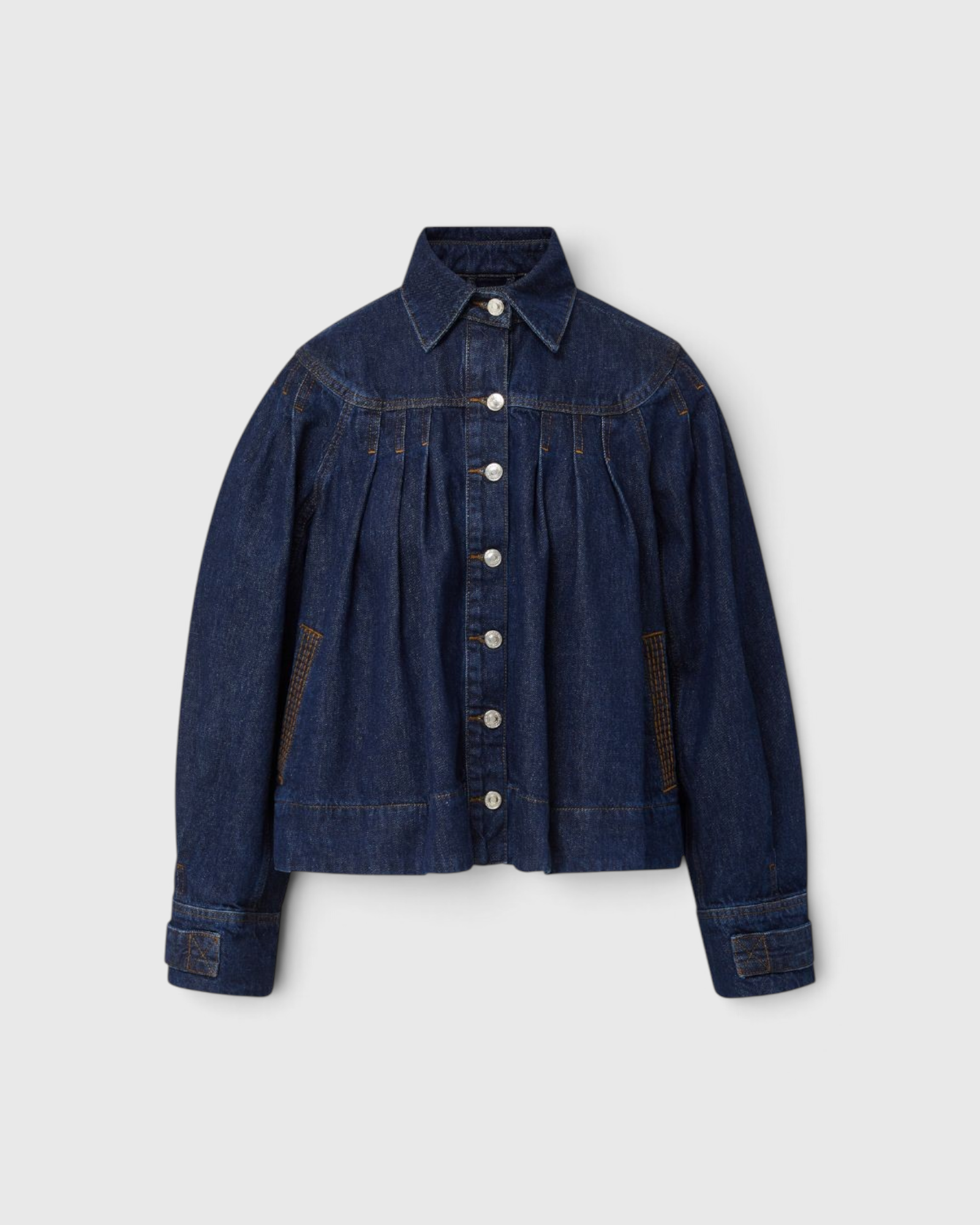 Merlette Easton Jacket in Dark Wash - flat product shot showing the A-line silhouette and yoke pleats
