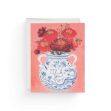 JONES + CO Dragon Vase thank you greeting card featuring a blue and white chinoiserie vase with red poppies