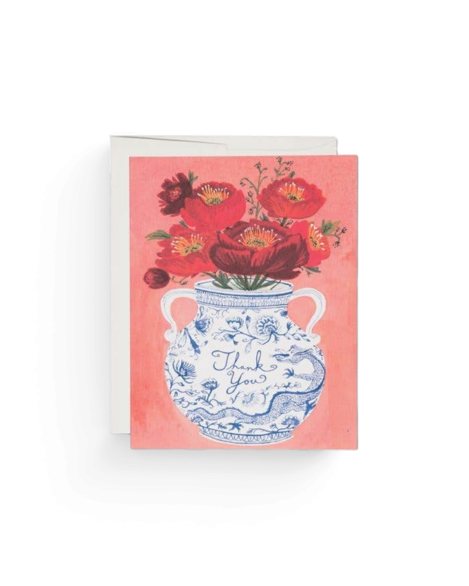 JONES + CO Dragon Vase thank you greeting card featuring a blue and white chinoiserie vase with red poppies