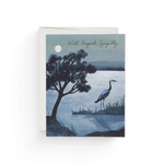 JONES + CO Blue Heron sympathy greeting card with a serene watercolor landscape illustration and moonlit lake scene.