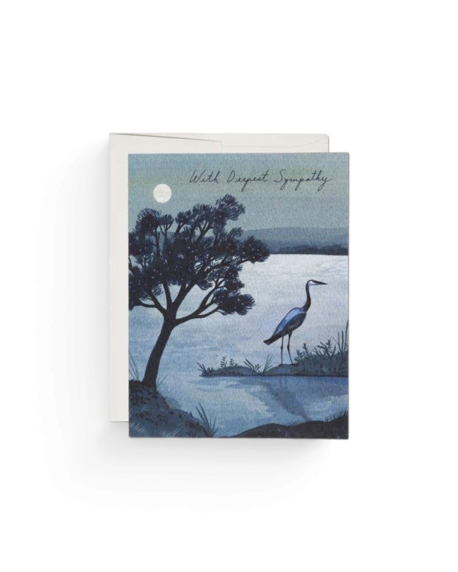 JONES + CO Blue Heron sympathy greeting card with a serene watercolor landscape illustration and moonlit lake scene.