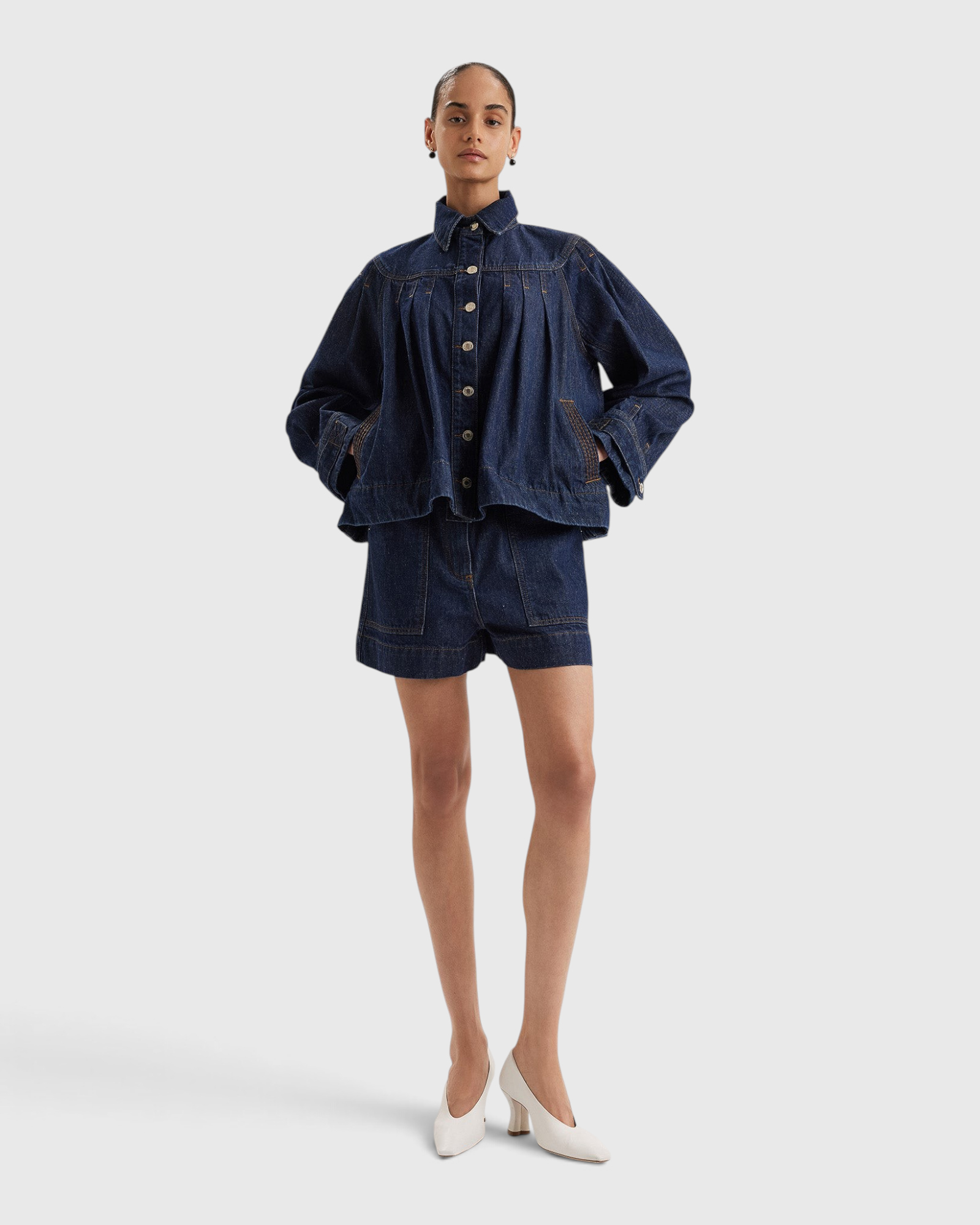 Merlette Easton Jacket in Dark Wash - full-length styled view