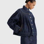 Merlette Easton Jacket in Dark Wash - front view worn open over a matching denim short
