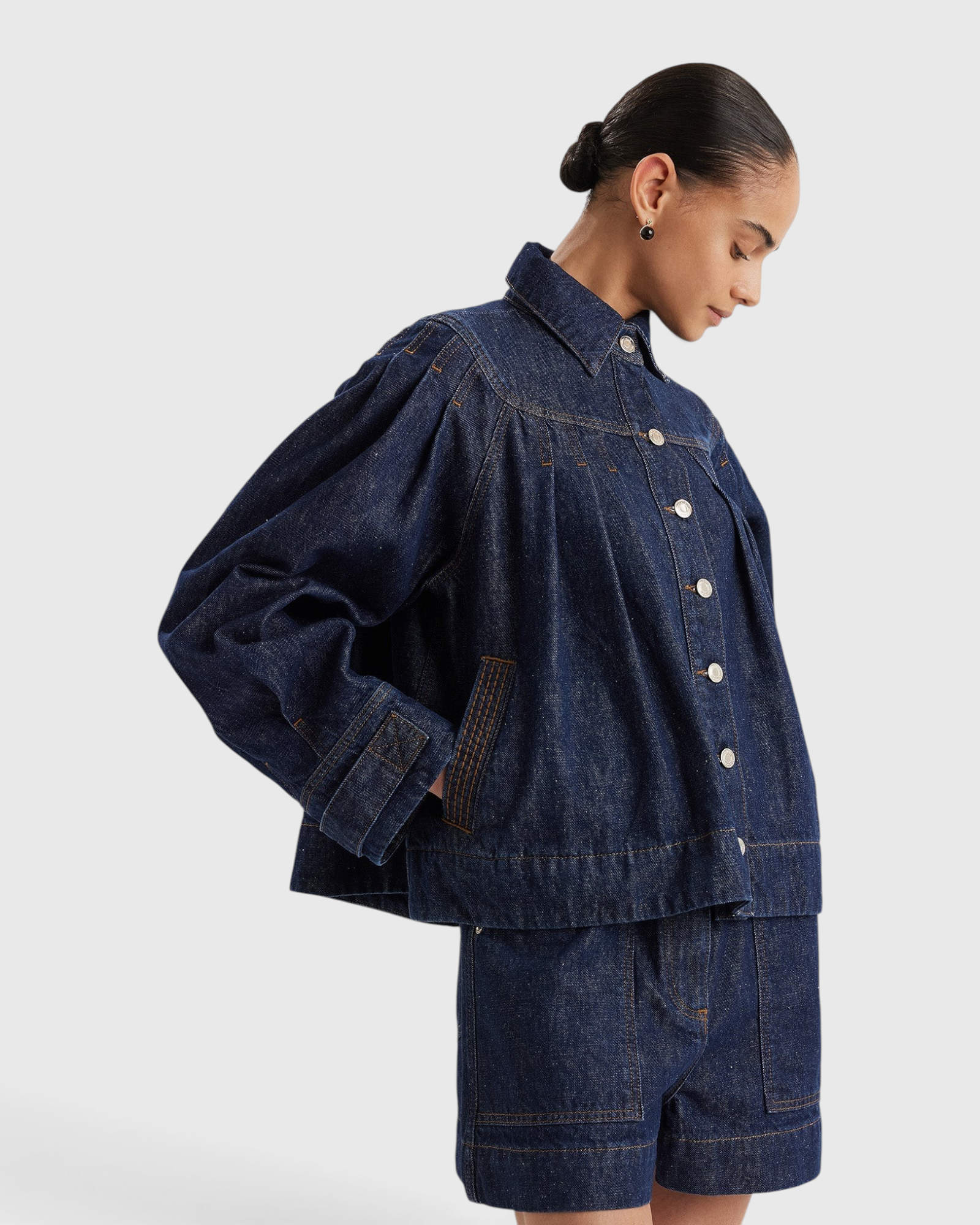 Merlette Easton Jacket in Dark Wash - front view worn open over a matching denim short