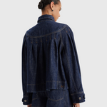 Merlette Easton Jacket in Dark Wash - back view showing the embroidered Merlette M on the back hem