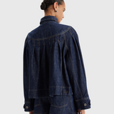 Merlette Easton Jacket in Dark Wash - back view showing the embroidered Merlette M on the back hem