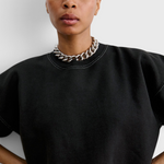 JONES + CO Rachel Comey Fond Sweatshirt in charcoal, close front view of the crewneck and balloon sleeves