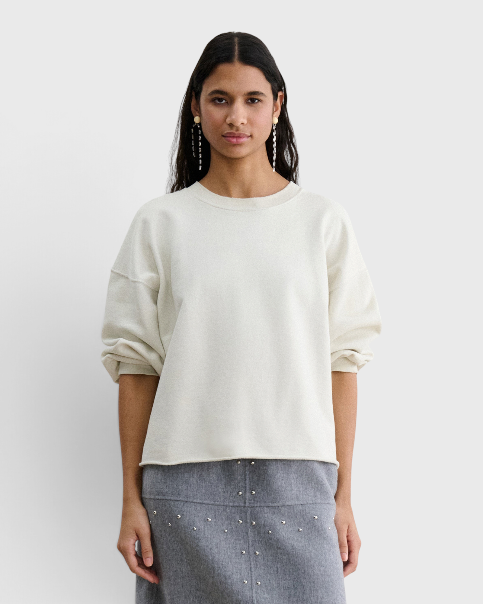 JONES + CO Rachel Comey Fond Sweatshirt in dirty white, front view with drop shoulders and raw edge hem