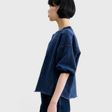 JONES + CO Rachel Comey Fond sweatshirt in acid wash indigo, side profile view.