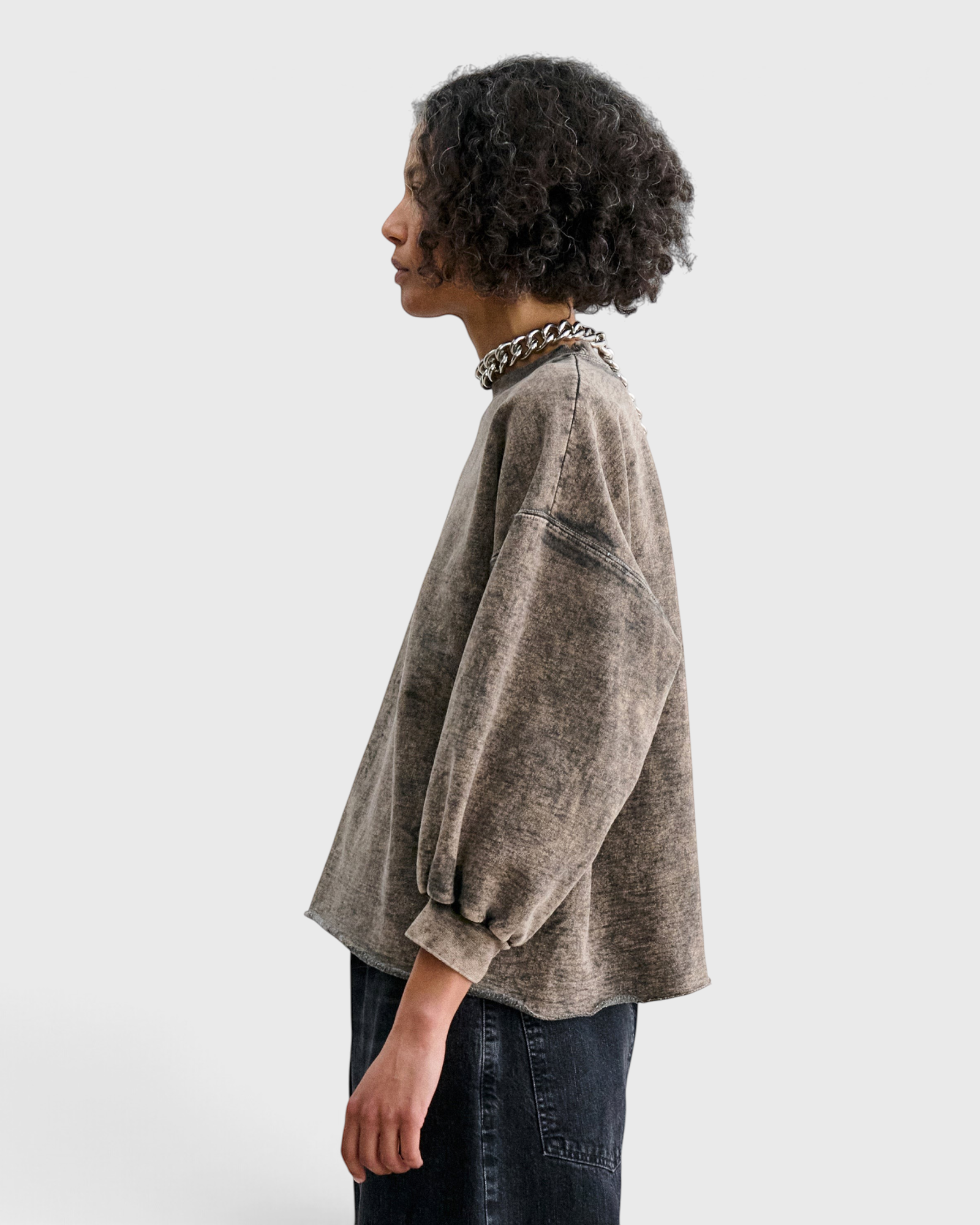 JONES + CO Rachel Comey Fond sweatshirt in smoky hazelnut acid-overdyed cotton, side profile view.