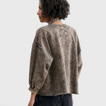 JONES + CO Rachel Comey Fond sweatshirt in smoky hazelnut acid-overdyed cotton, back view showing raw-edge hem.