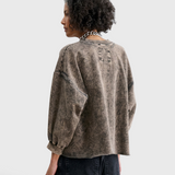 JONES + CO Rachel Comey Fond sweatshirt in smoky hazelnut acid-overdyed cotton, back view showing raw-edge hem.