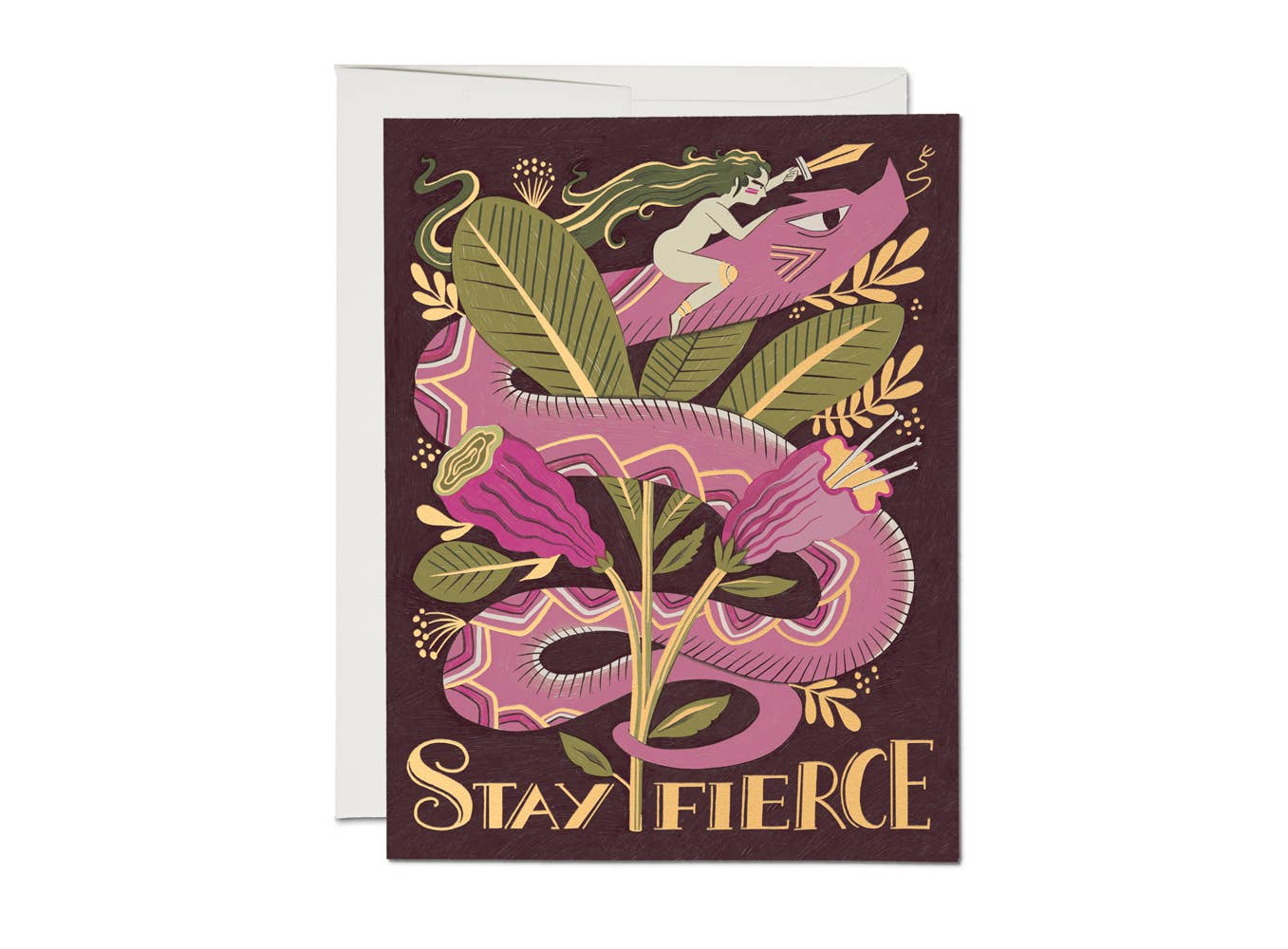 Greeting card with a stylized snake and leaves design on a purple background, featuring the text 'Stay Fierce'.