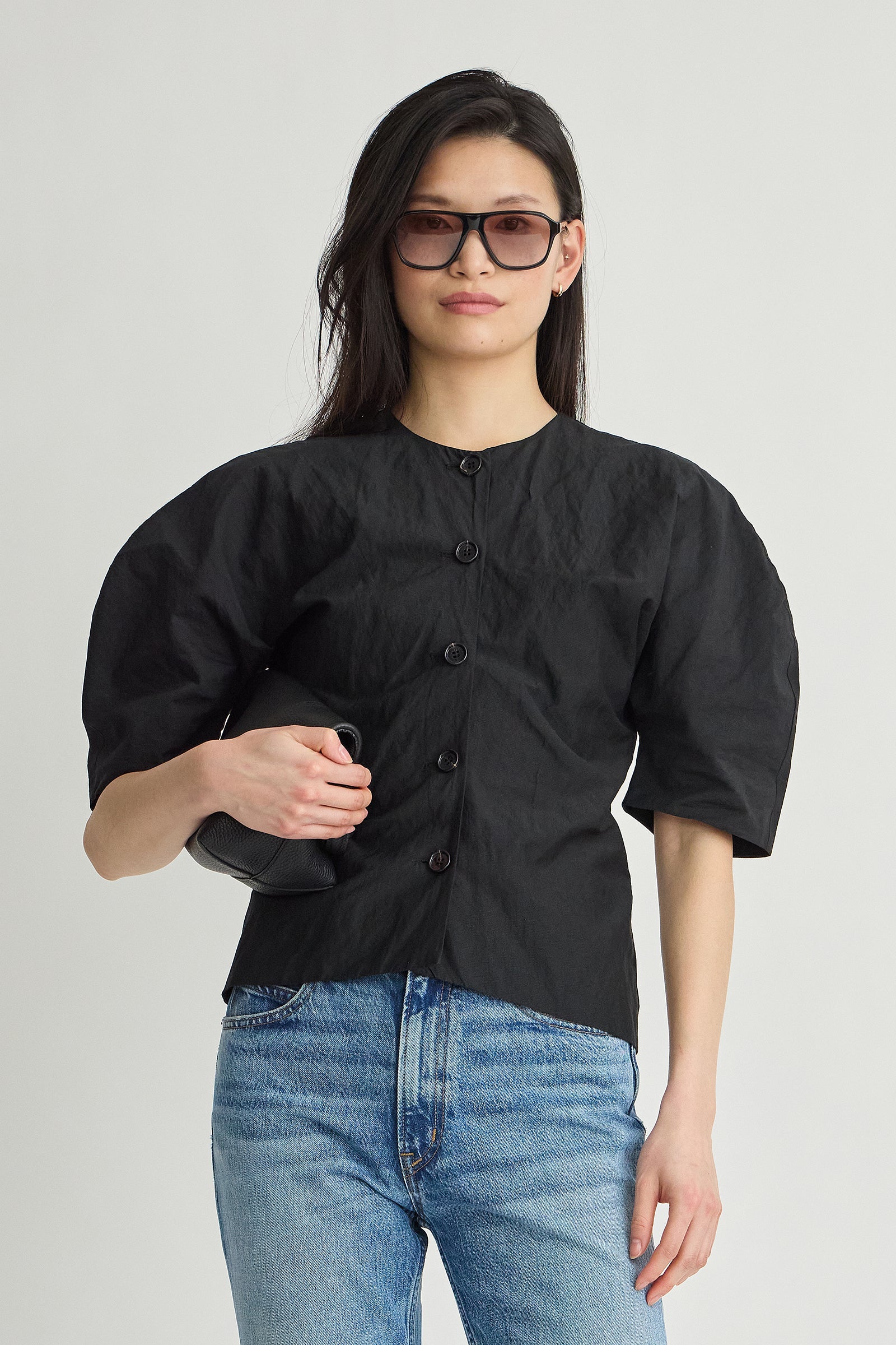 Noor Button Front Top in Black - front