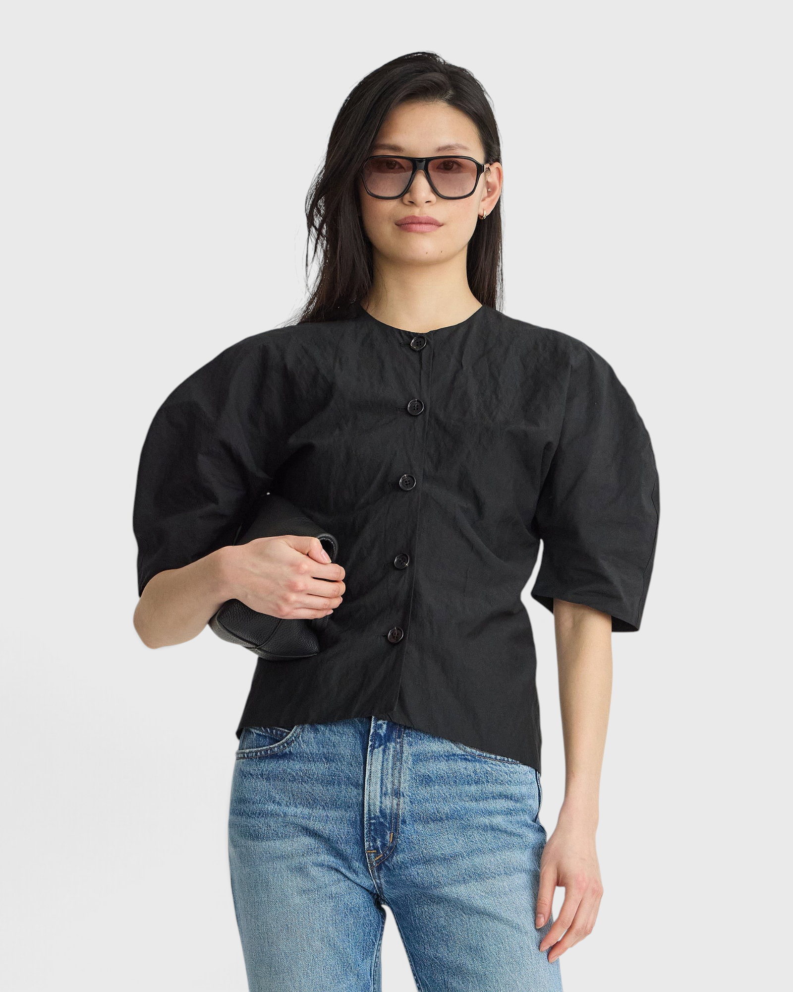 Noor Button Front Top in Black - front