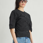 Noor Button Front Top in Black - detail