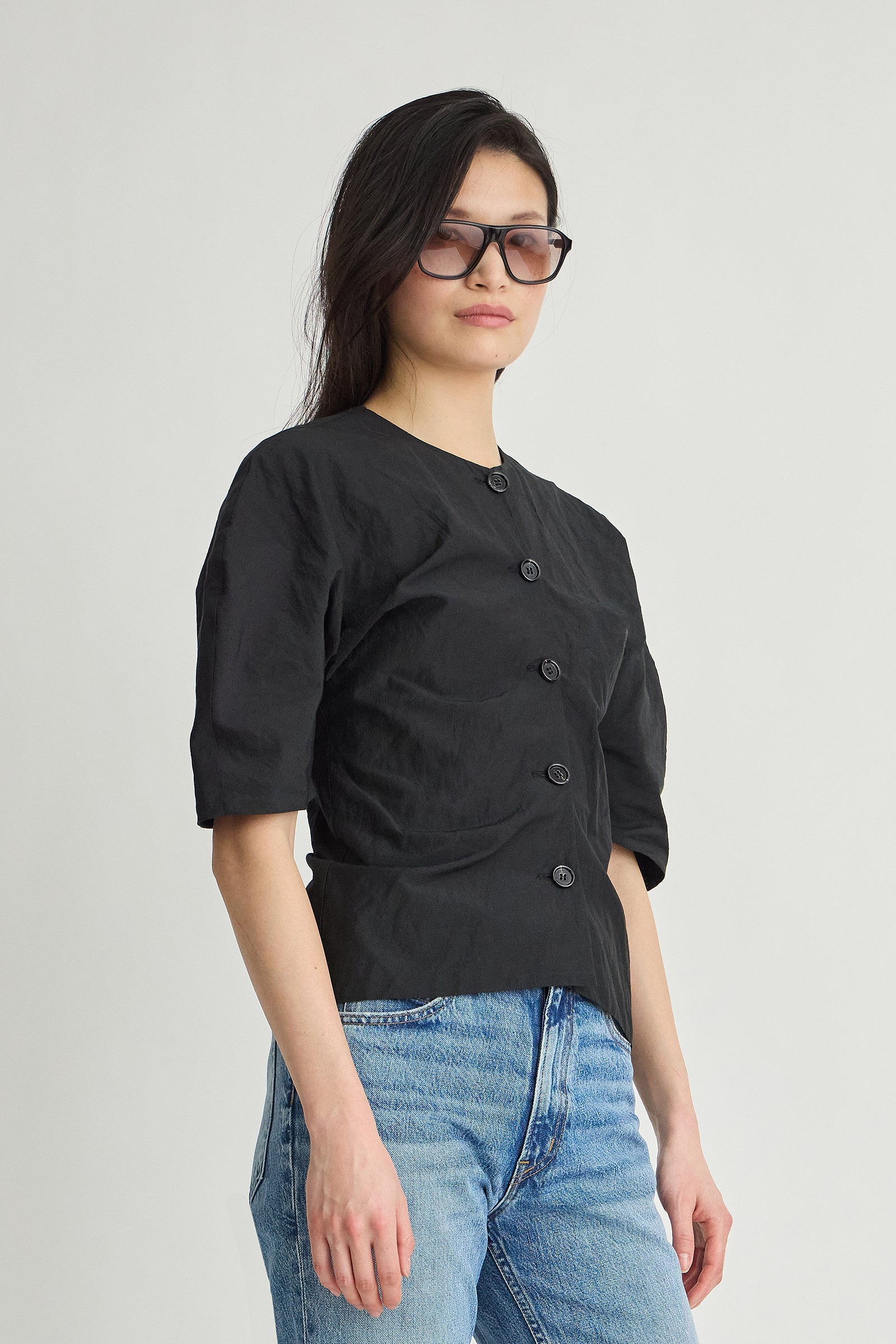 Noor Button Front Top in Black - detail