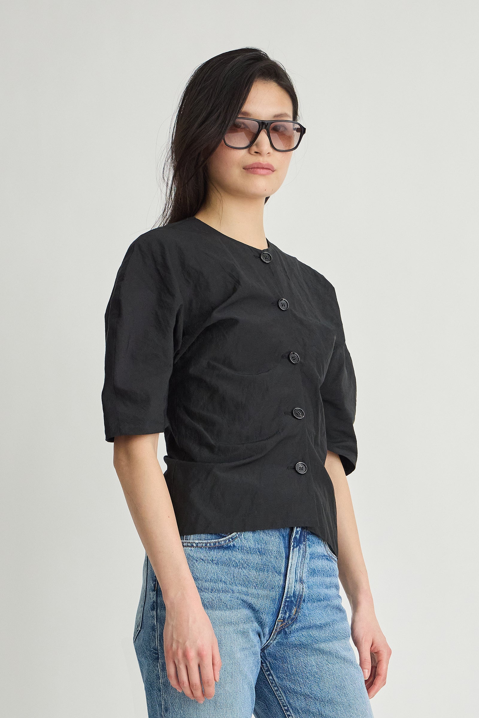 Noor Button Front Top in Black - detail