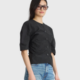 Noor Button Front Top in Black - detail