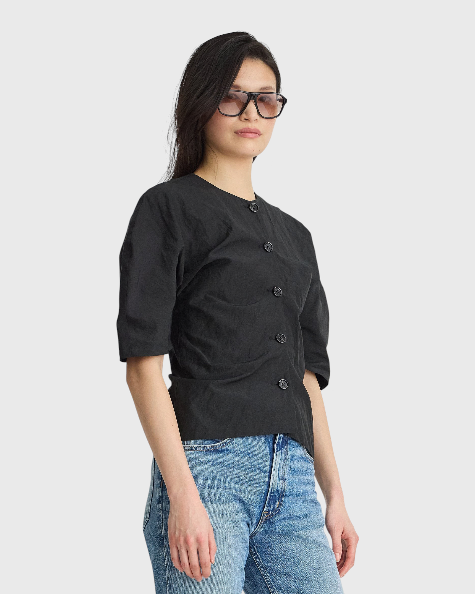 Noor Button Front Top in Black - detail