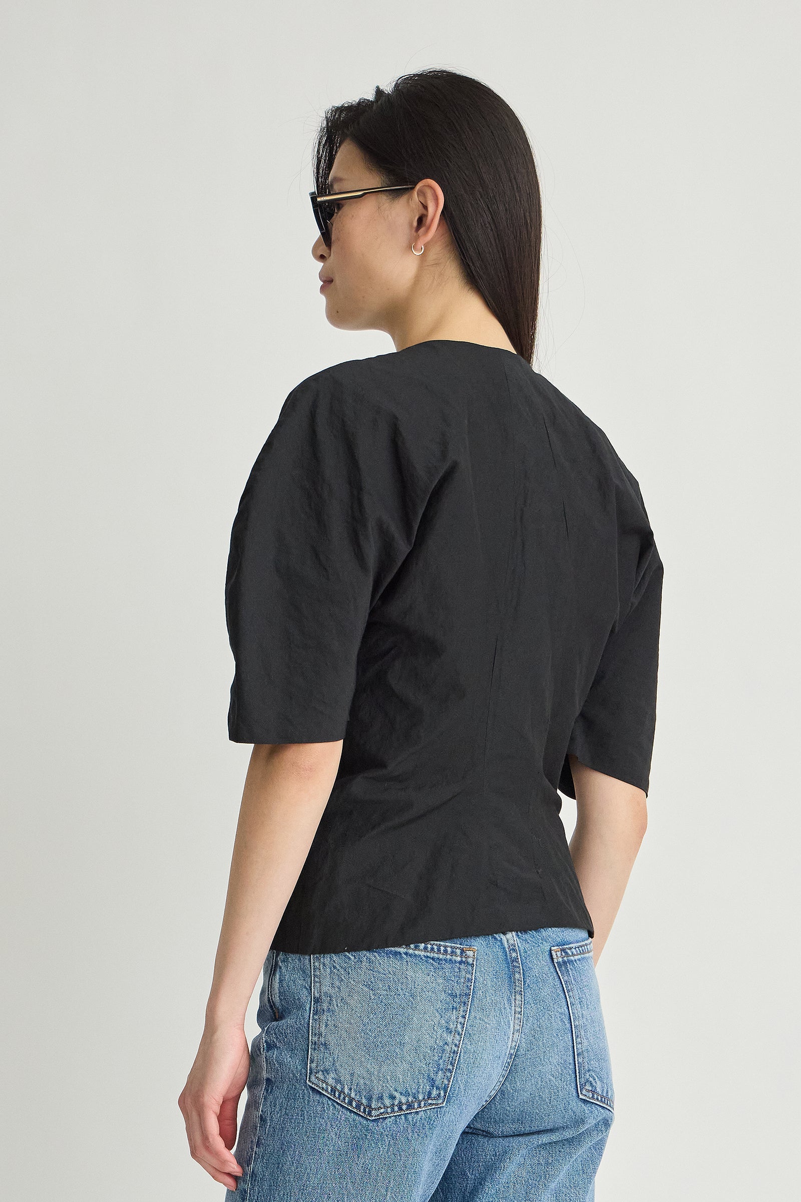 Noor Button Front Top in Black - styled