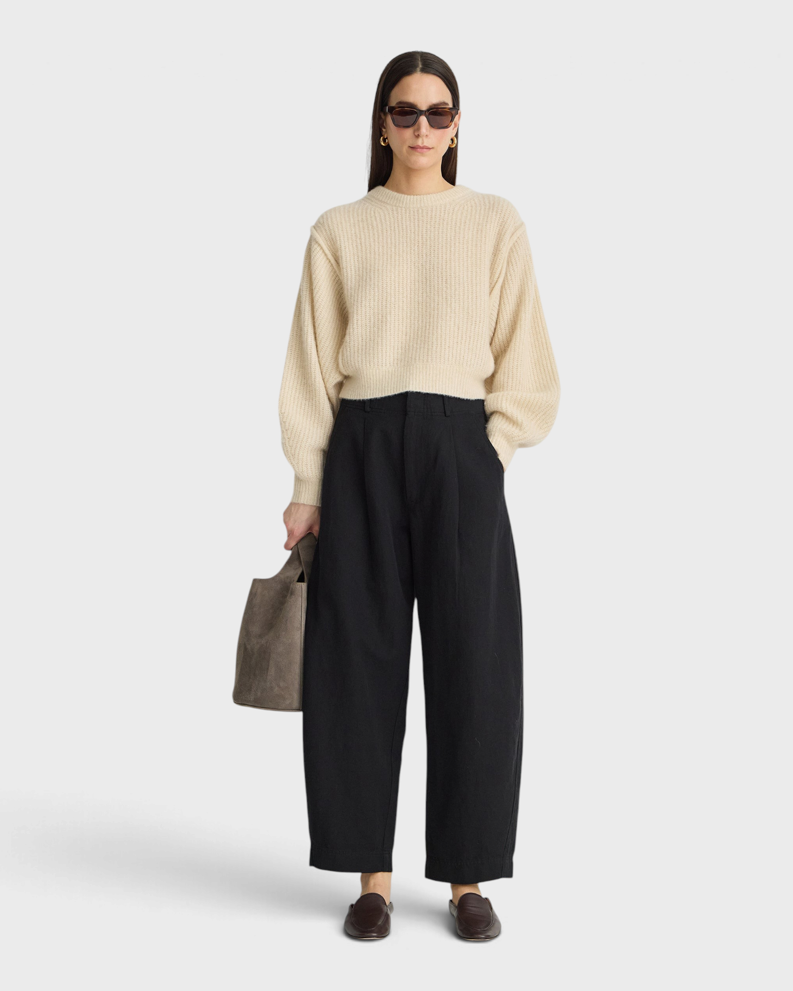 Apiece Apart Bari Crop Trouser in black, front view on model