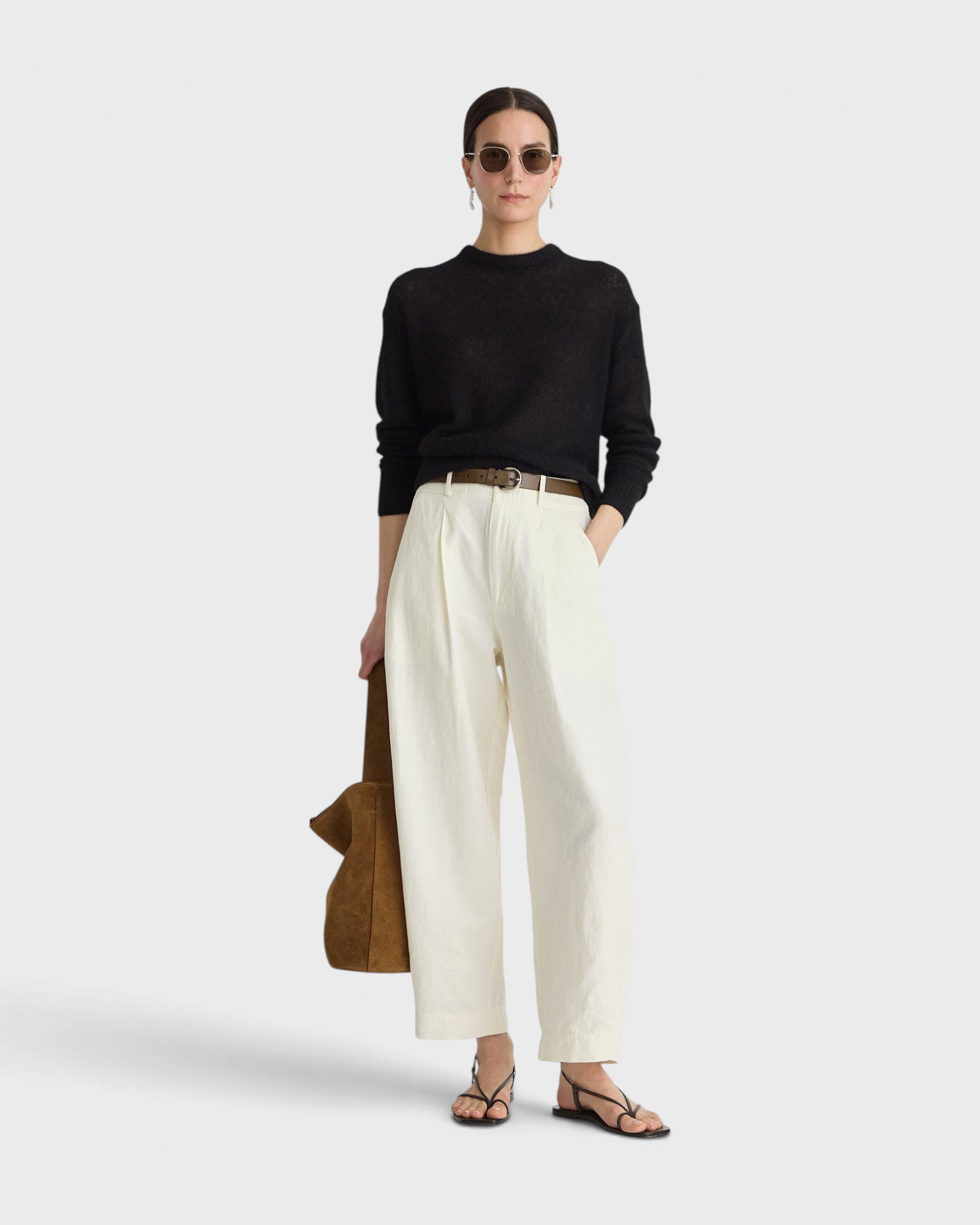 Apiece Apart Bari Crop Trouser in cream, front view on model