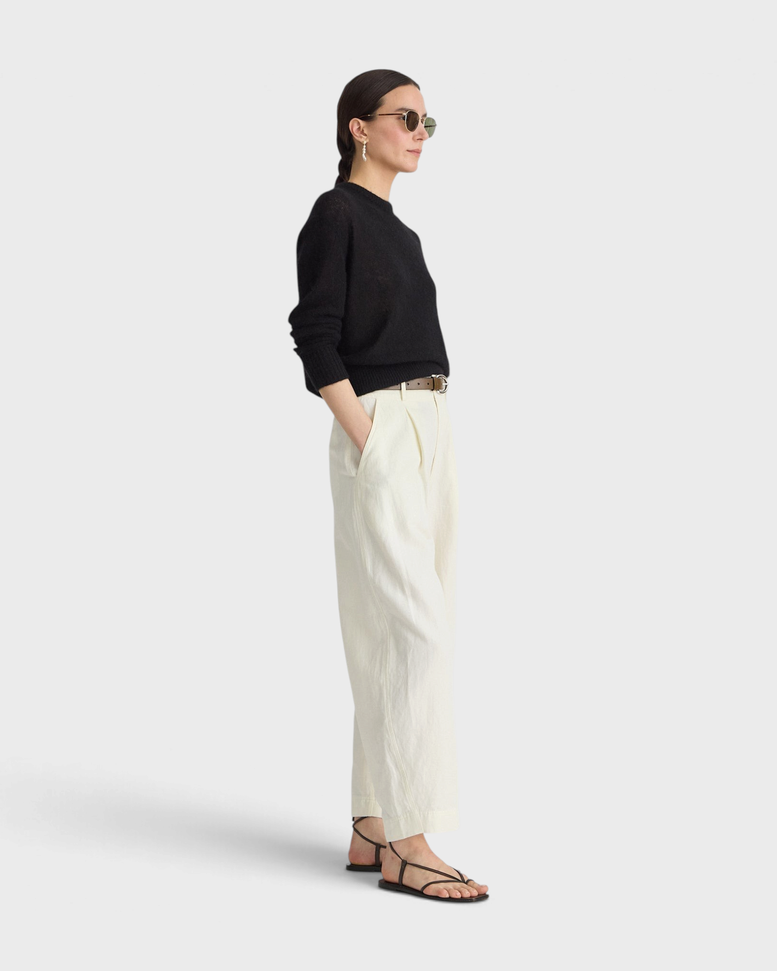 Apiece Apart Bari Crop Trouser in cream, side view on model