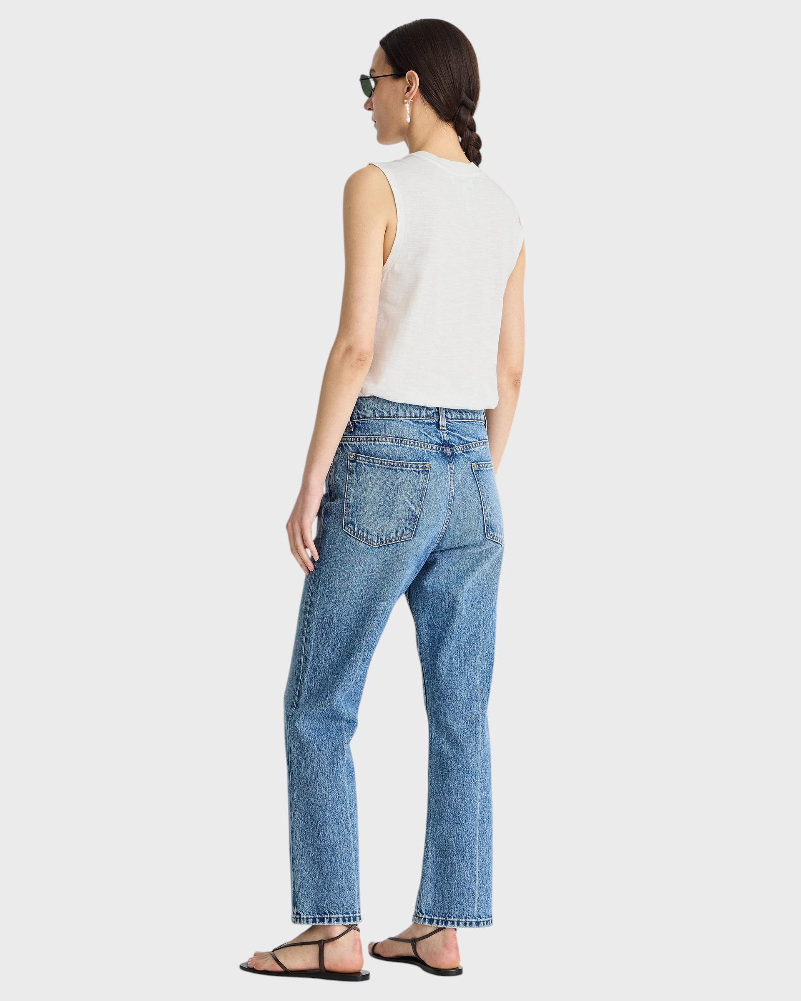 Apiece Apart Rene Kick Flare Jean in Hermosa wash, back view on model