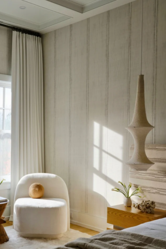Saint III Crochet Pendant Lamp in Soft White styled in room