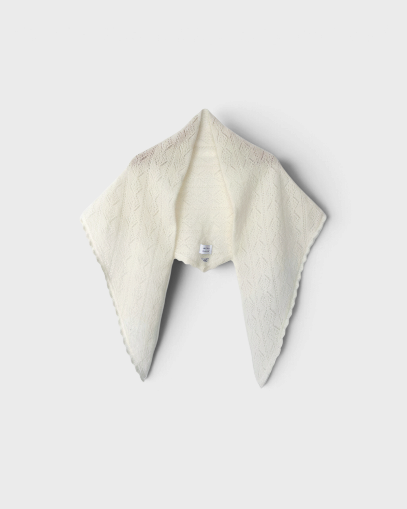 JONES + CO pearl white mohair and wool triangular shawl with delicate pointelle knit patterns and scalloped edges