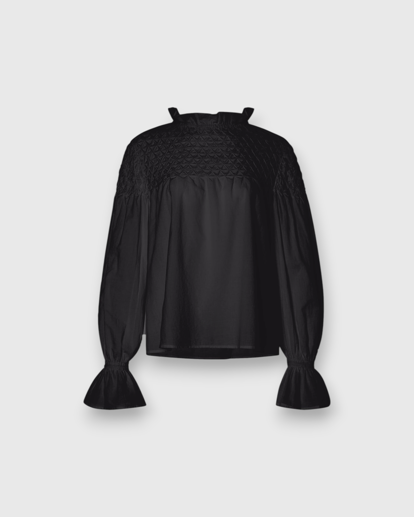 Merlette Majorelle Top in Black - flat product shot showing the full silhouette and bell cuffs